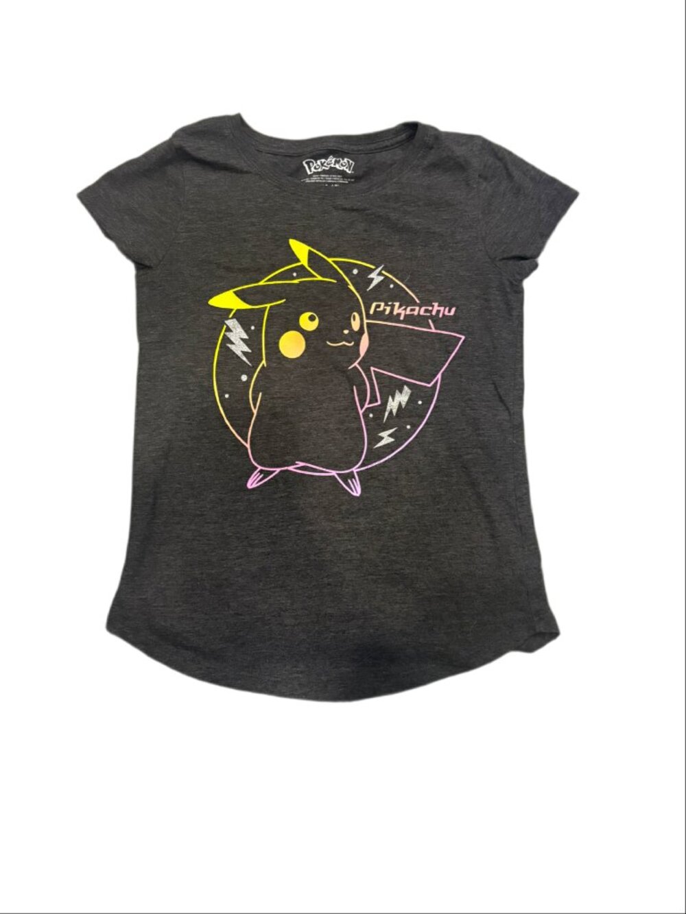 Pokémon Girls Dark Grey Neon Pikachu Graphic T-Shirt (Youth Large 10-12)